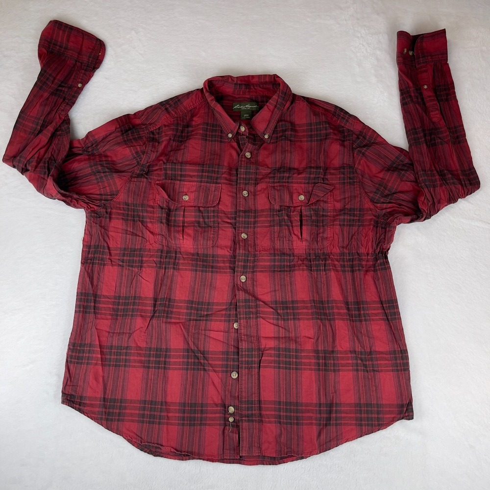 Eddie Bauer Shirt Men's 2XL Red Plaid Long‎ Sleeve Western Pockets Button Down